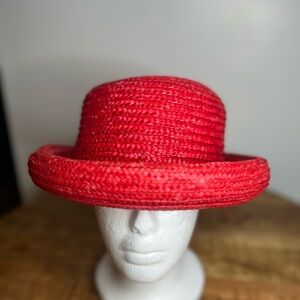 Red Woven Straw Hat with Grosgrain Trim